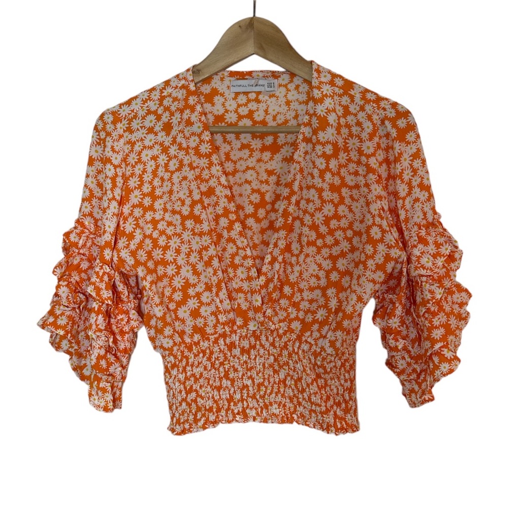 Faithfull The Brand Orange Daisy Smocked Ruffle Wrap Crop Top Size S Floral Y2K
